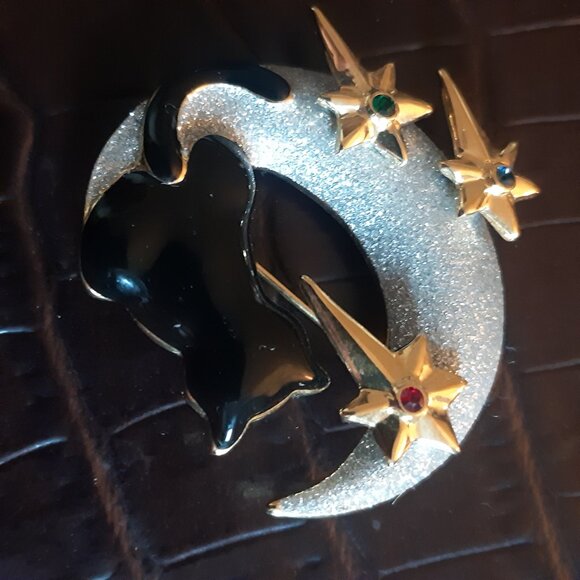 Ciro Black Cat & The Moon w/ Stars Vintage Brooch - Picture 4 of 9